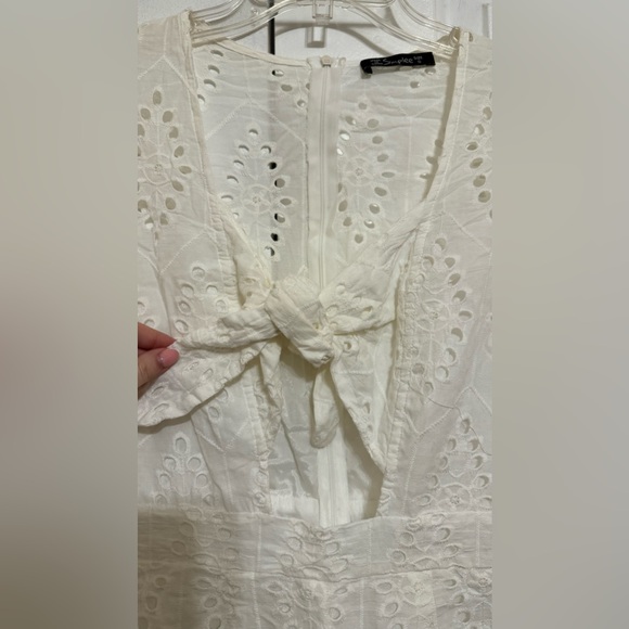 Women's Sexy Long Sleeve Lace Ruffle Mini Dress Hollow Out Summer Dress White - Picture 7 of 8